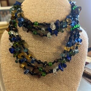Handcrafted Fair trade  Multi-Strand beaded necklace. Blues, yellow, green,black